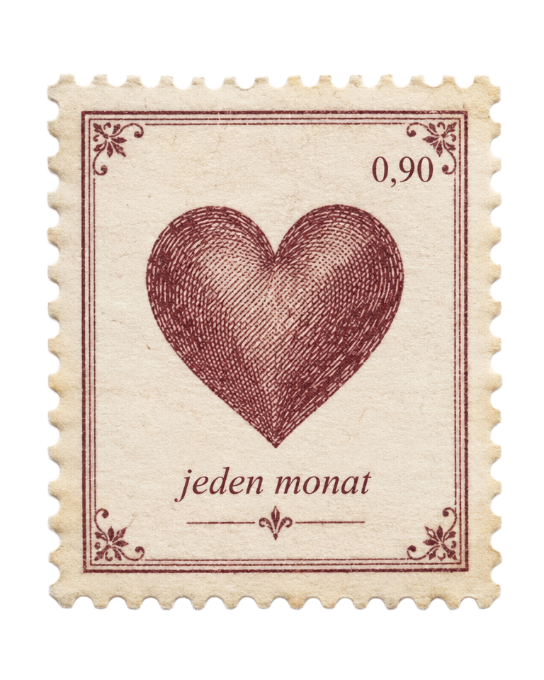 briefmarke mit herzsiegel und dem wortlaut jeden monat